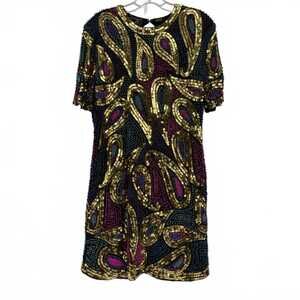 Indus V Gold Purple Mini Dress | Silk Beaded Sequin Ultra-Short Dress OS